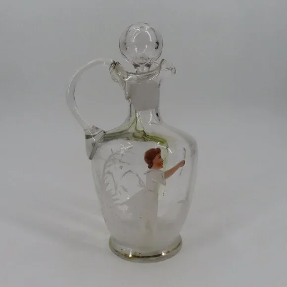 Antique Hand Blown Glass Vinegar Decanter Painted Angel Child Cruet Stopper VTG
